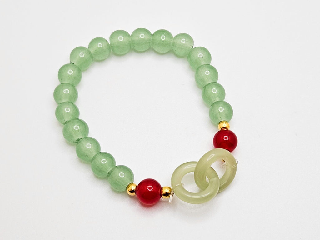 Crystal Jade Beaded Bracelet, Interlocking Circle Beads with Red Accents Charms0