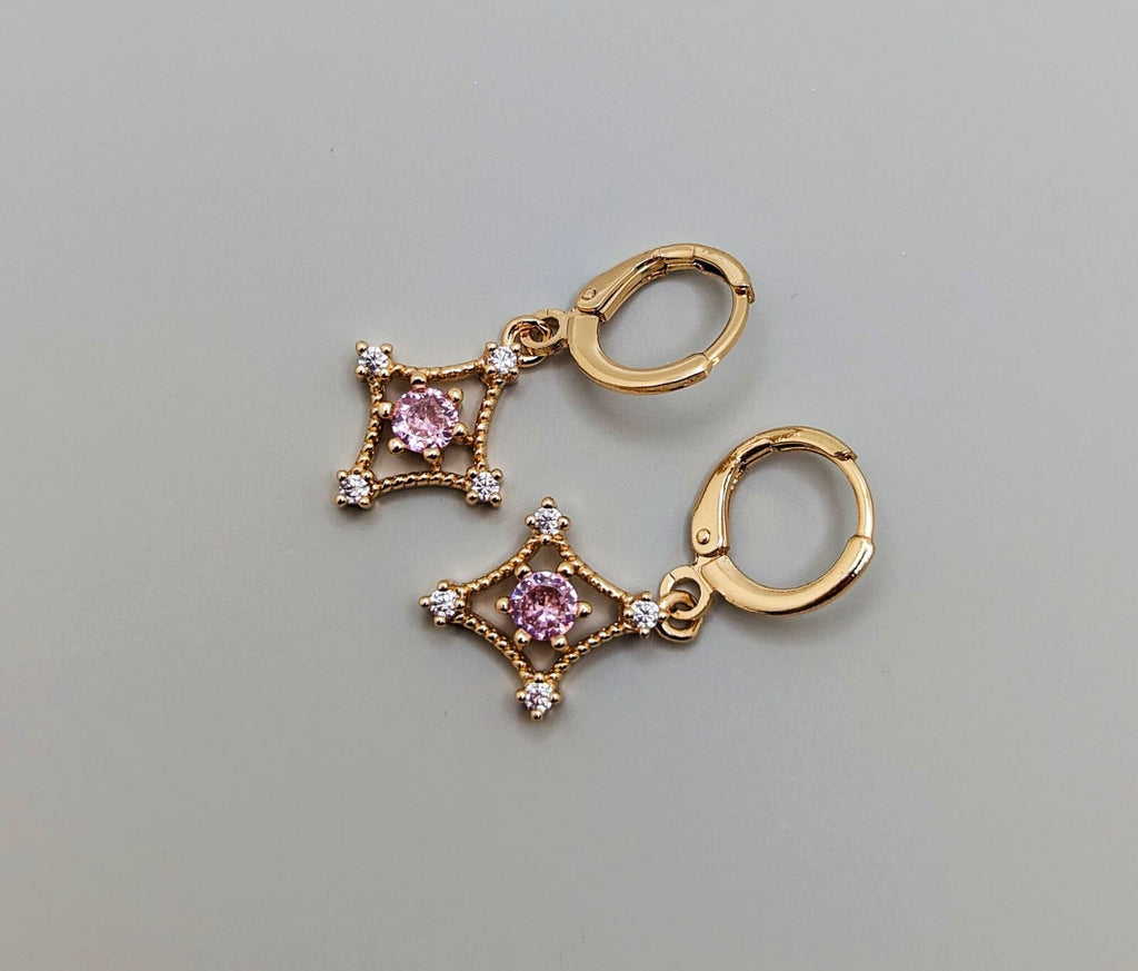 Huggie Drop Earrings 18K Gold with Pink Cubic Zirconia1