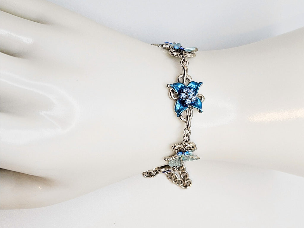 Enamel Rhinestone Flower and Half Butterfly Design, Silver Link Chain Bracelet1
