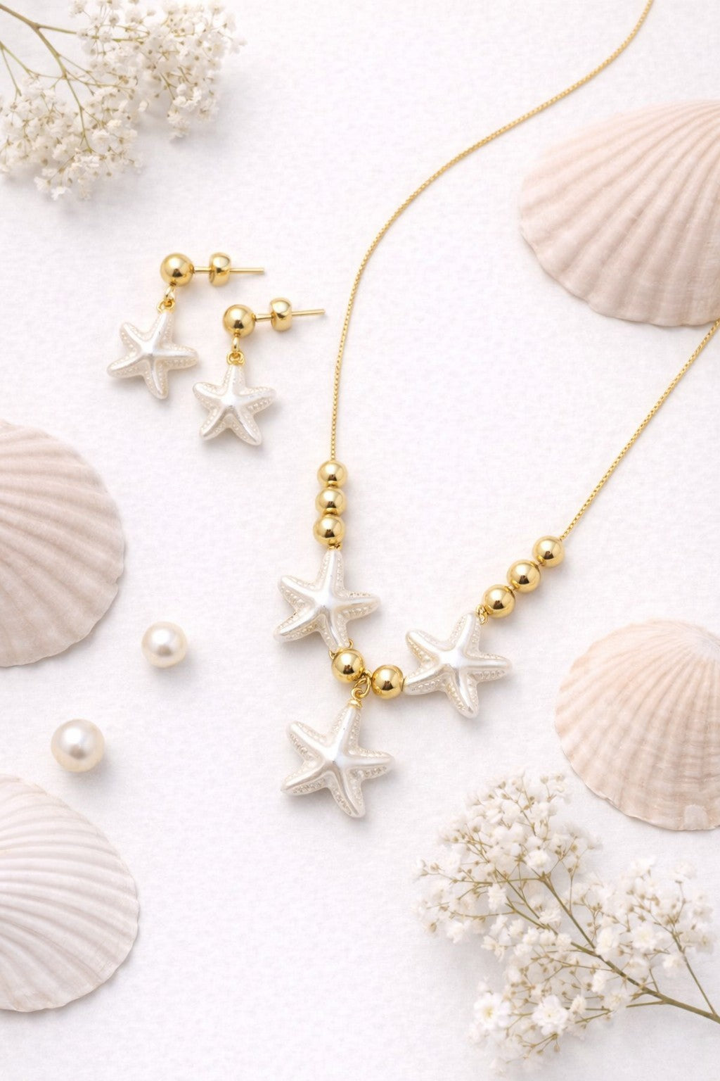 18K Gold Plated Starfish Jewelry Set Faux Pearl Necklace & Earrings Adjustable4
