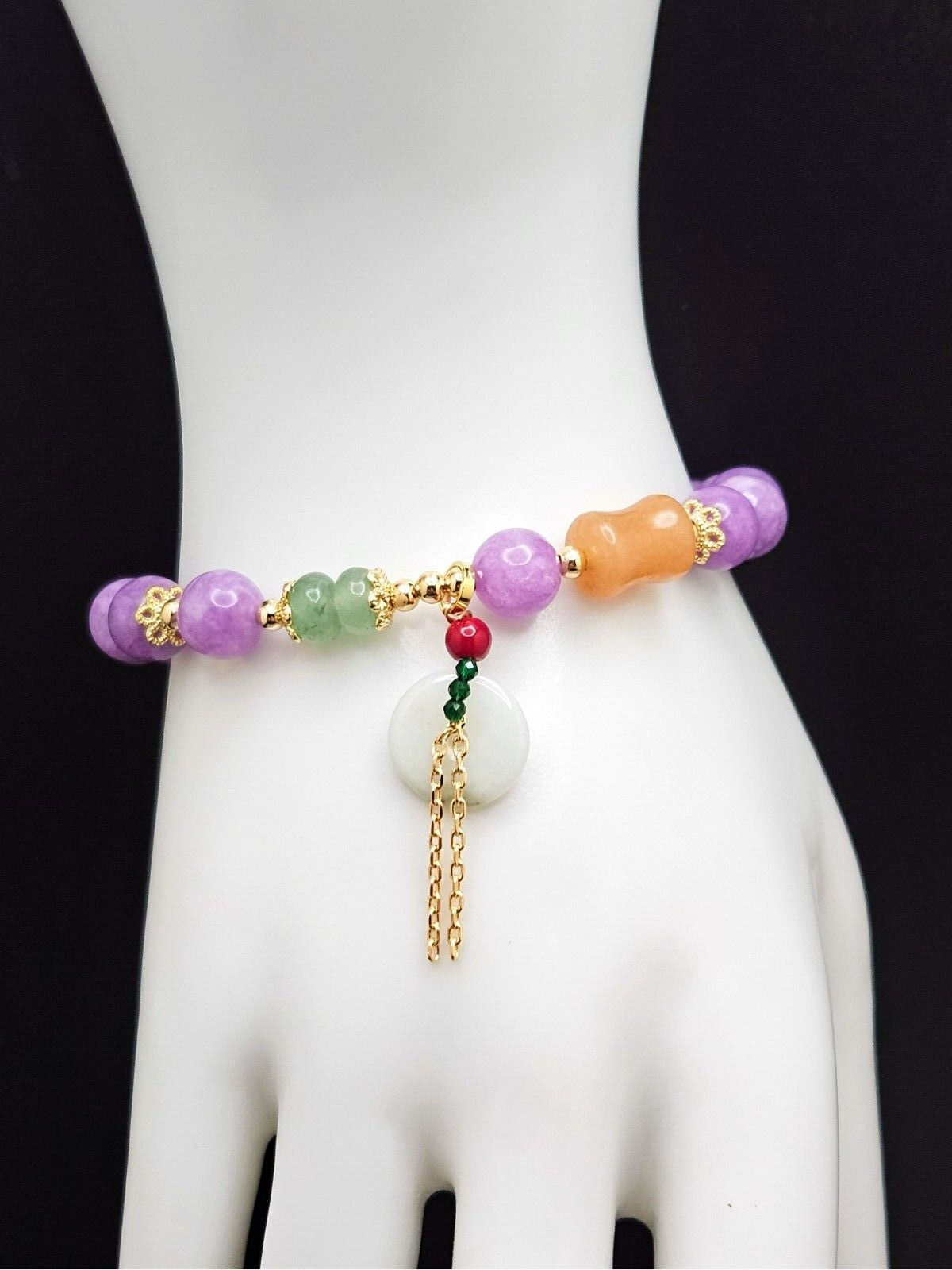 Natural Lavender Jade Gemstone Beaded Bracelet with dangle design round charms3