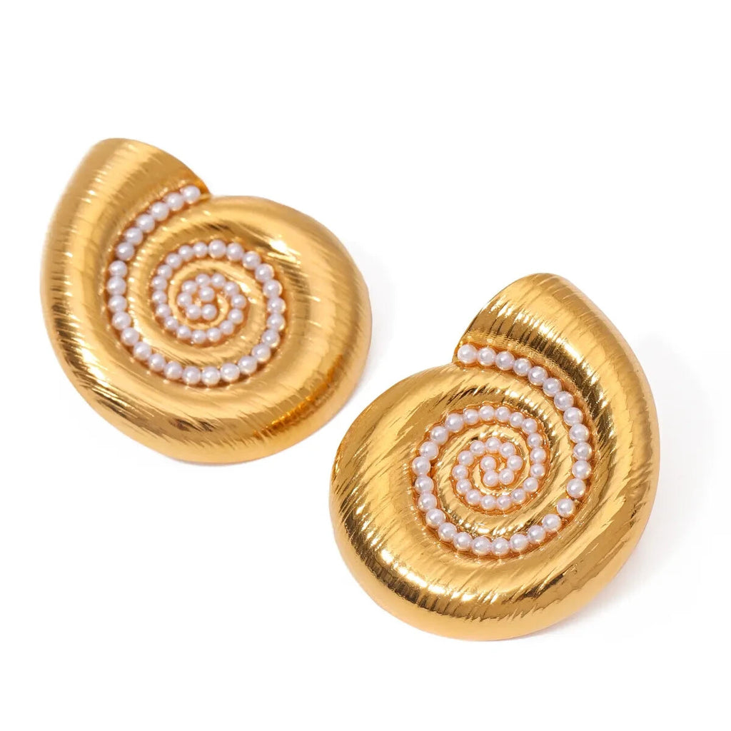 18K Gold Plated Stainless Steel Conch Spiral with Pearl Stud Earring for Women1
