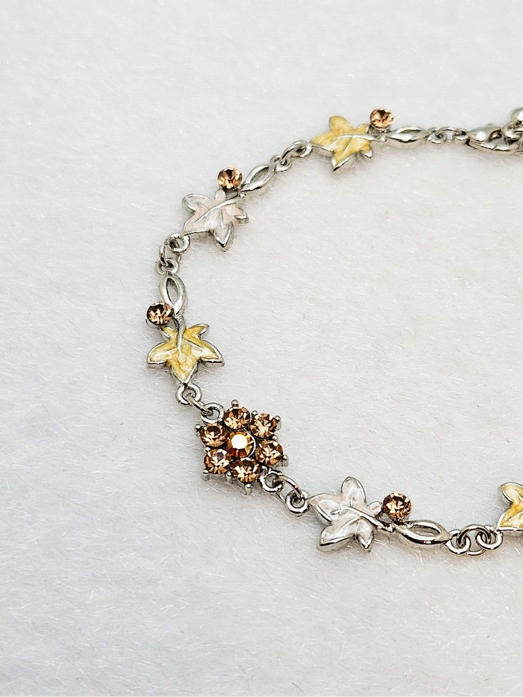 Enamel Rhinestone Flower and Leaf Design, Silver Link Chain Bracelet0