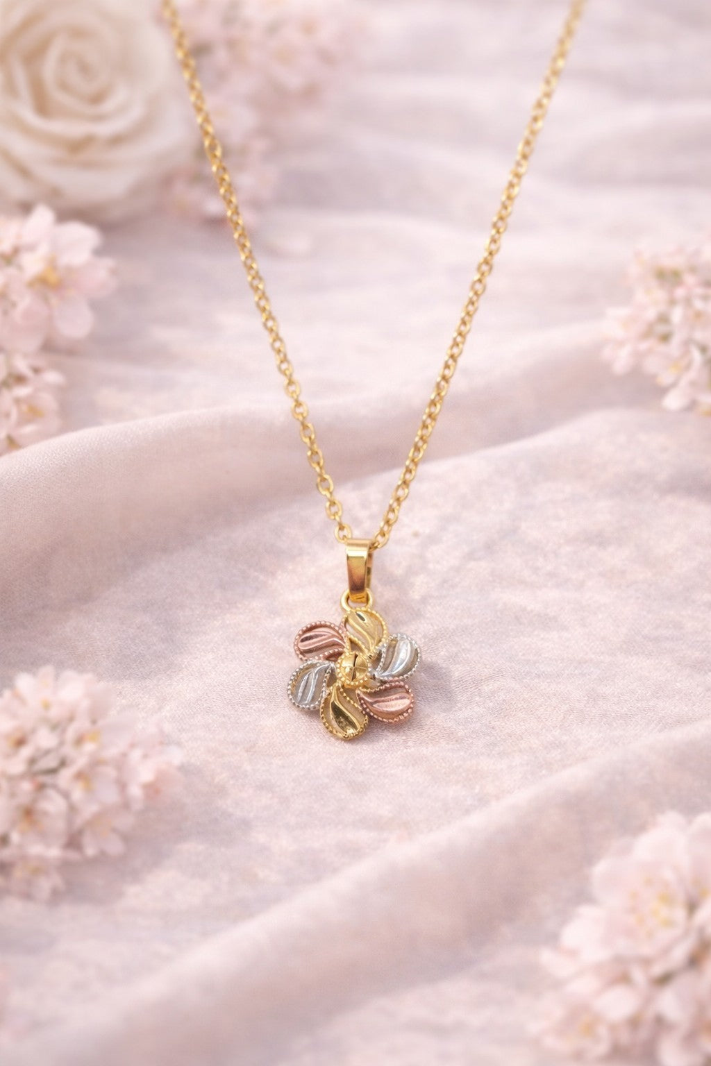 18K Gold Plated Tri-Color Floral Jewelry Set Necklace & Stud Earrings for Her2