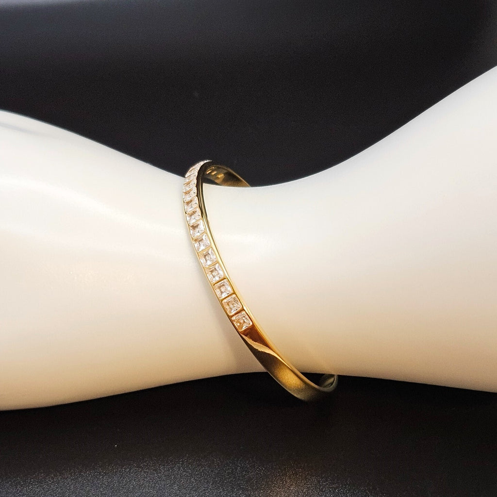18K Gold Plated Cuff Bangle with Cubic Zirconia Accent, Stainless Steel Bracelet3