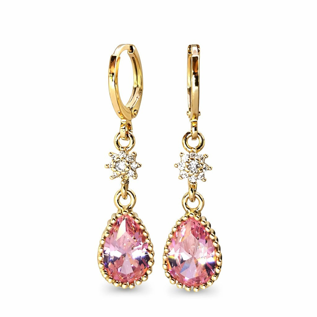 18K Gold Plated Huggie Drop Earrings with Pink Cubic Zirconia for Women2