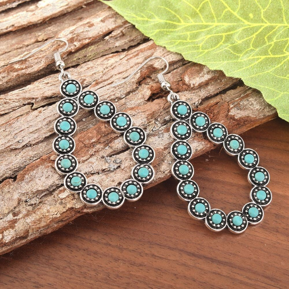 Silver Plated Turquoise Open Waterdrop Dangle hoop Earrings, Jewelry for Women1