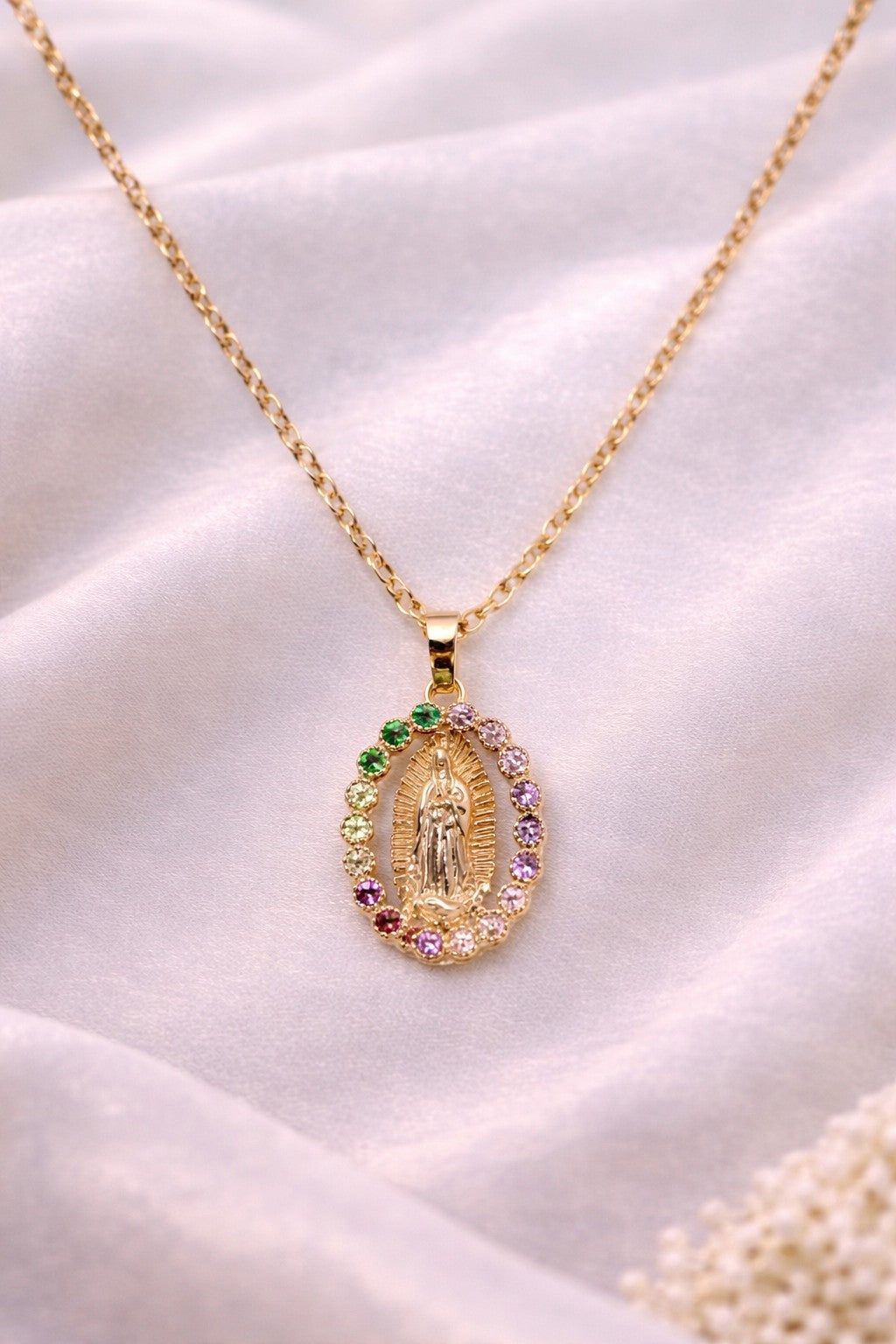18K Gold Plated Virgin Mary Necklace & Earrings Set Multi Color CZ Religious 1
