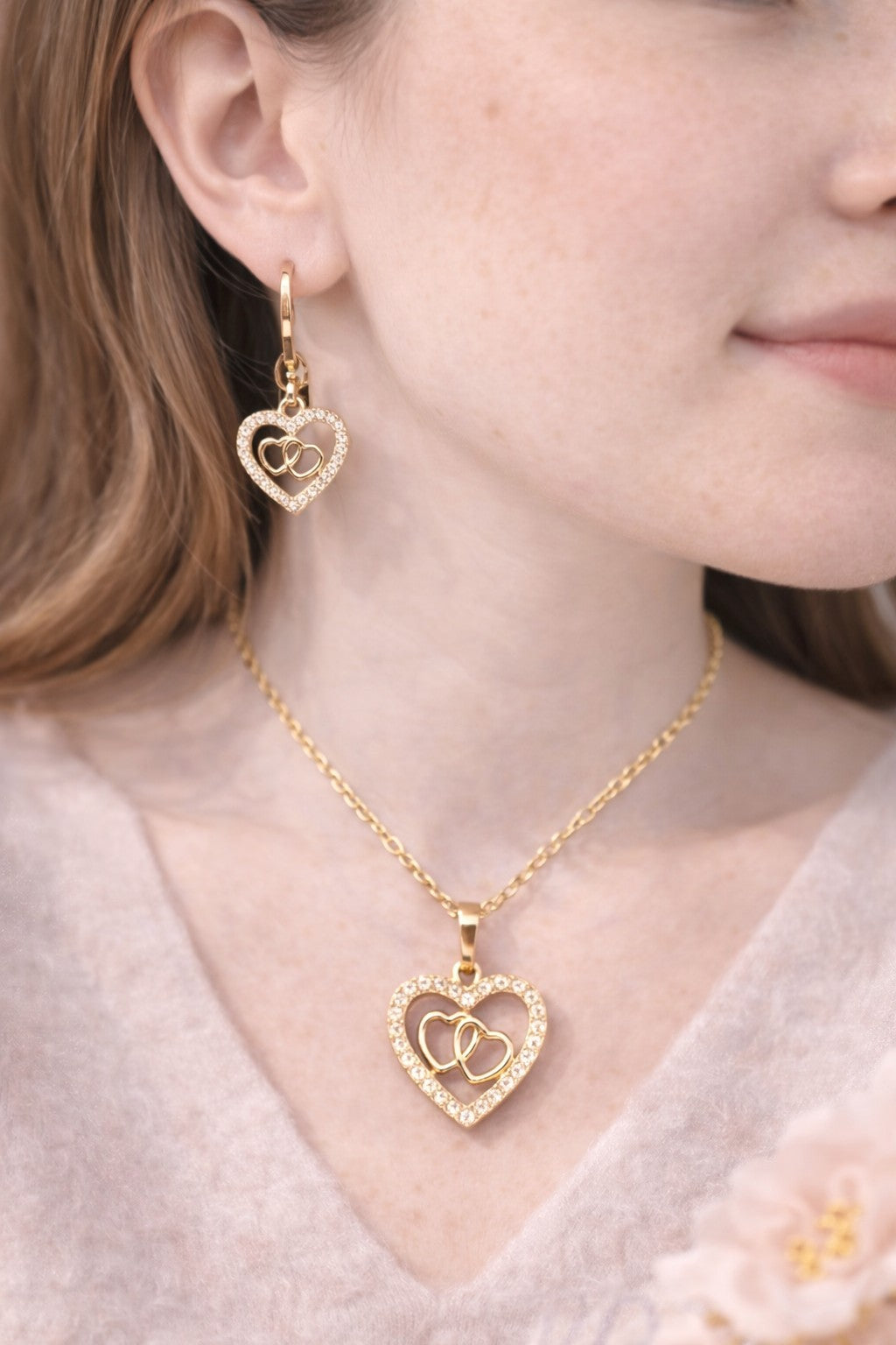 18K Gold Plated Double Heart CZ Jewelry Set Necklace & Earrings Gift3
