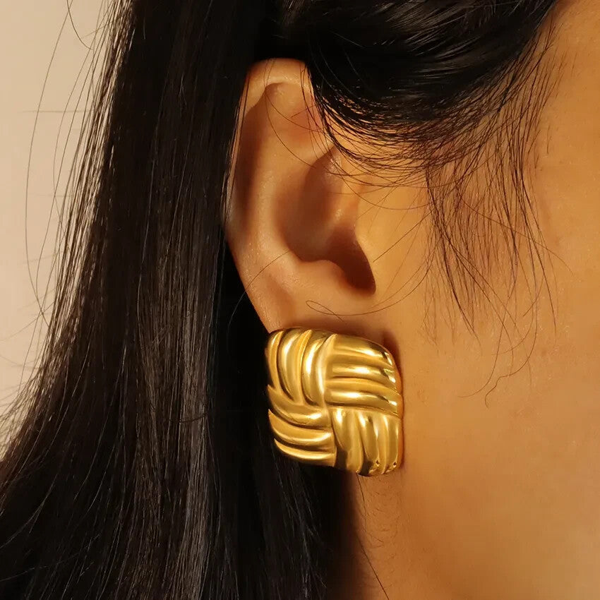 18K Gold Plated Square Stud Earrings Women Bold Woven Vintage Look 21mm1