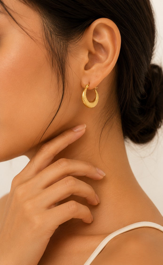 18K Gold Plated Stainless Steel Diamond-Cut Textured Hoop Earrings