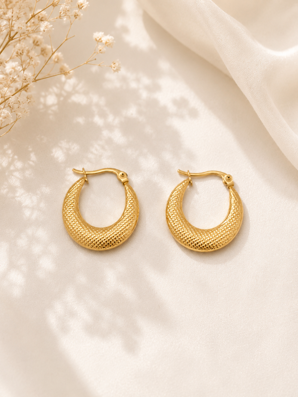 18K Gold Plated Stainless Steel Diamond-Cut Textured Hoop Earrings