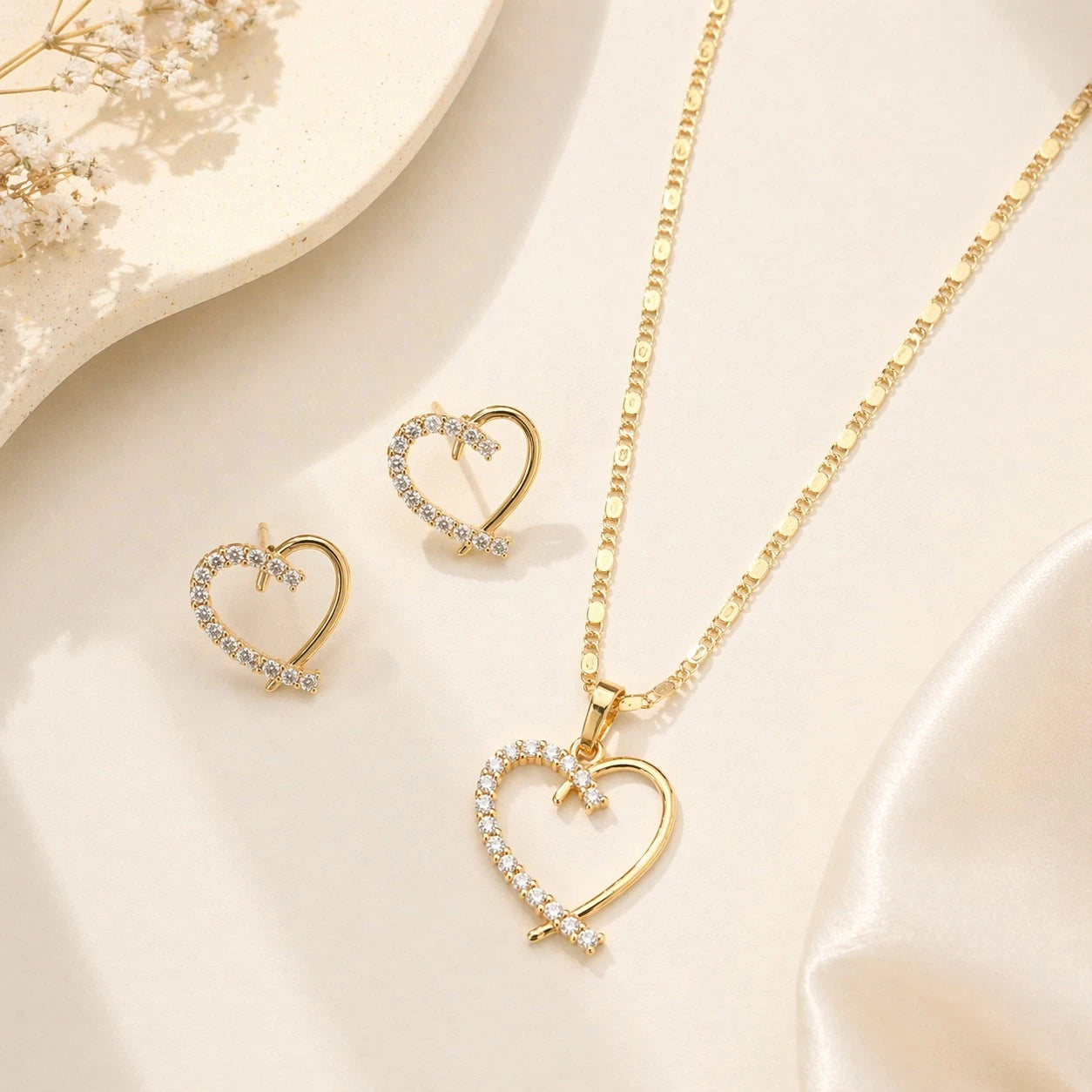 18K Gold Plated Heart Jewelry Set CZ Necklace 18" And Stud Earrings Gift